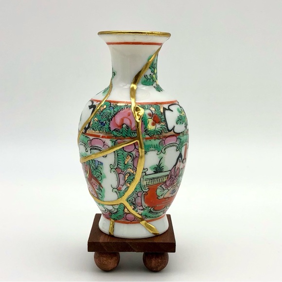 Chinese Famile Rose Kintsugi Vase Vintage Marked Gold Crack Japanese Growth Gift - Picture 7 of 14